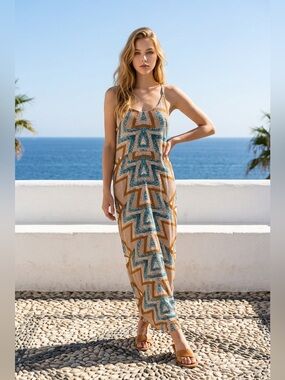 NWT Free People Serves You Right Geometric Halter Maxi Dress in Tan & Blue